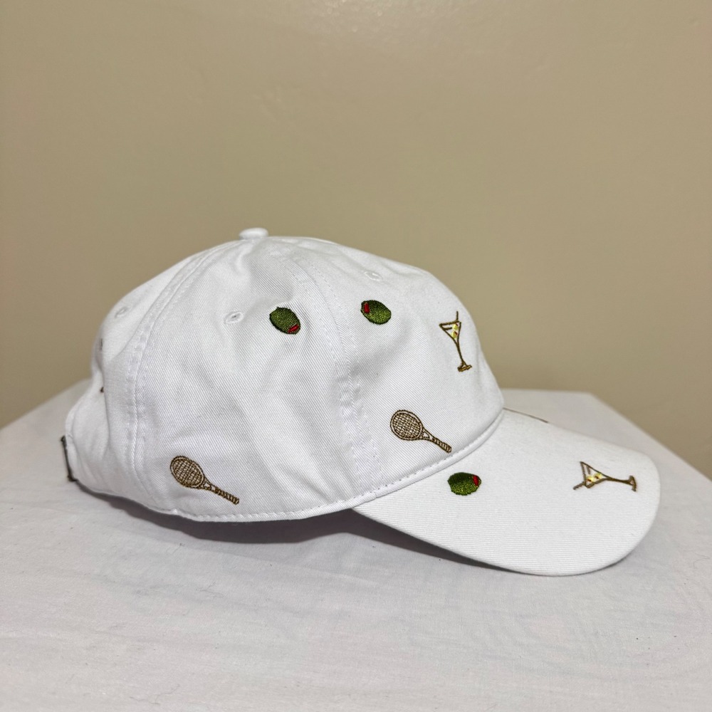 Anthropologie Scatter Icons Baseball Hat Womens OS White Tennis Martini Olive - Picture 2 of 6